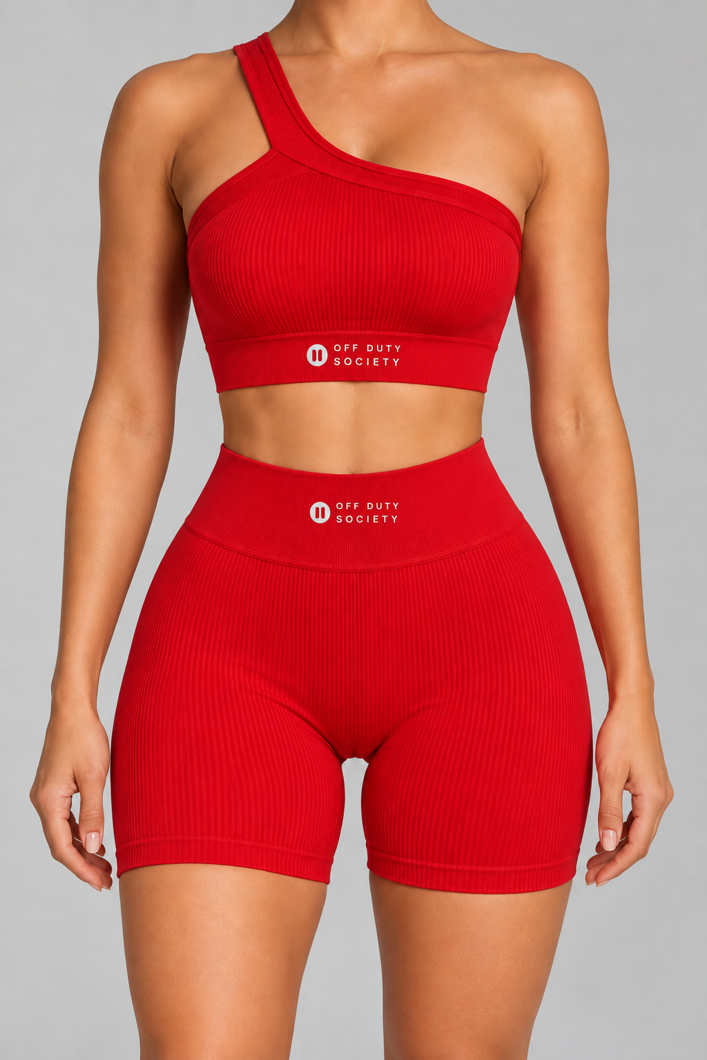 Asymmetric Ribbed Short Set in Red — branding and color preview