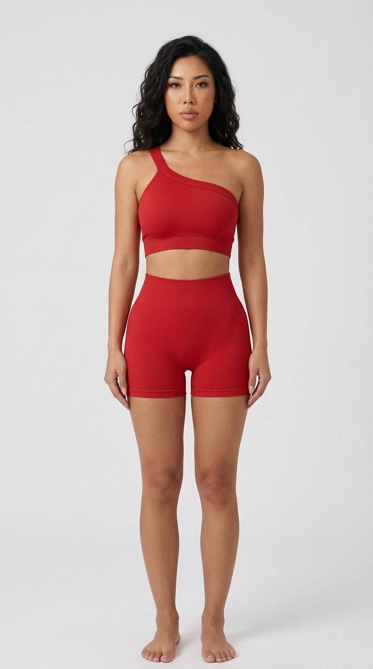 Asymmetric Ribbed Short Set in Red, front view